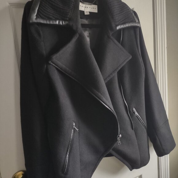 Trina Turk wool moto winter coat - faux leather - sweater trim - EUC - size 10 - Picture 3 of 8